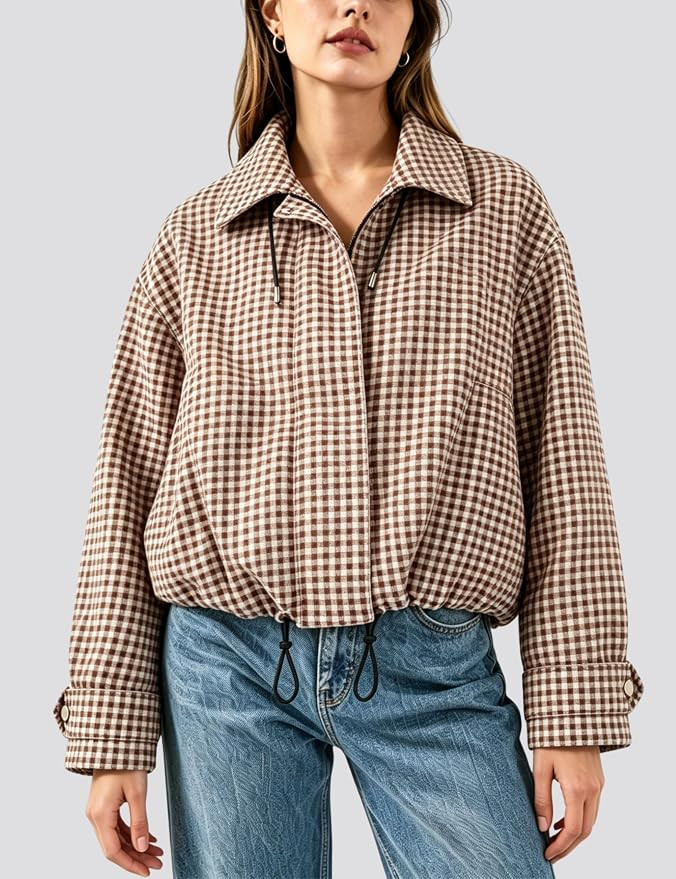 Esmeling Women Gingham Zipper Bomber Jacket Stand Collar Long Sleeve Jacket Cropped Outwear with ... | Amazon (US)