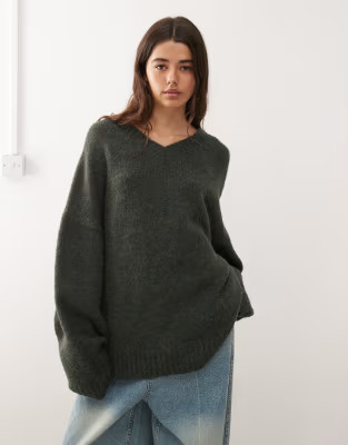 Weekday wool blend super oversized v neck sweater in dark green melange | ASOS | ASOS (Global)