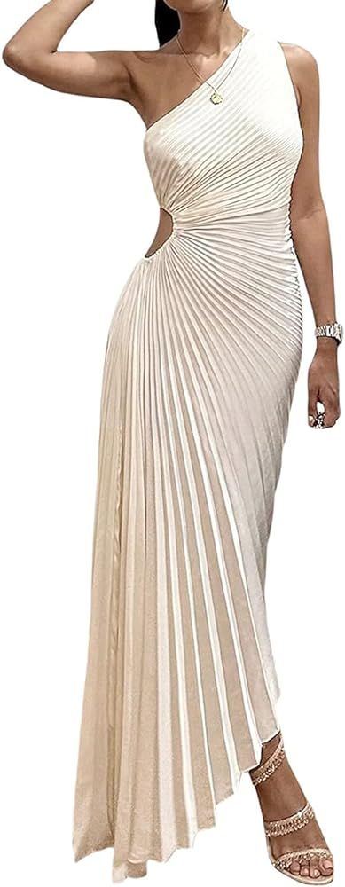 Off One Shoulder Maxi Dresses for Womens Cut Out Waist Pleated Irregular Long Dresses Elegant Par... | Amazon (US)