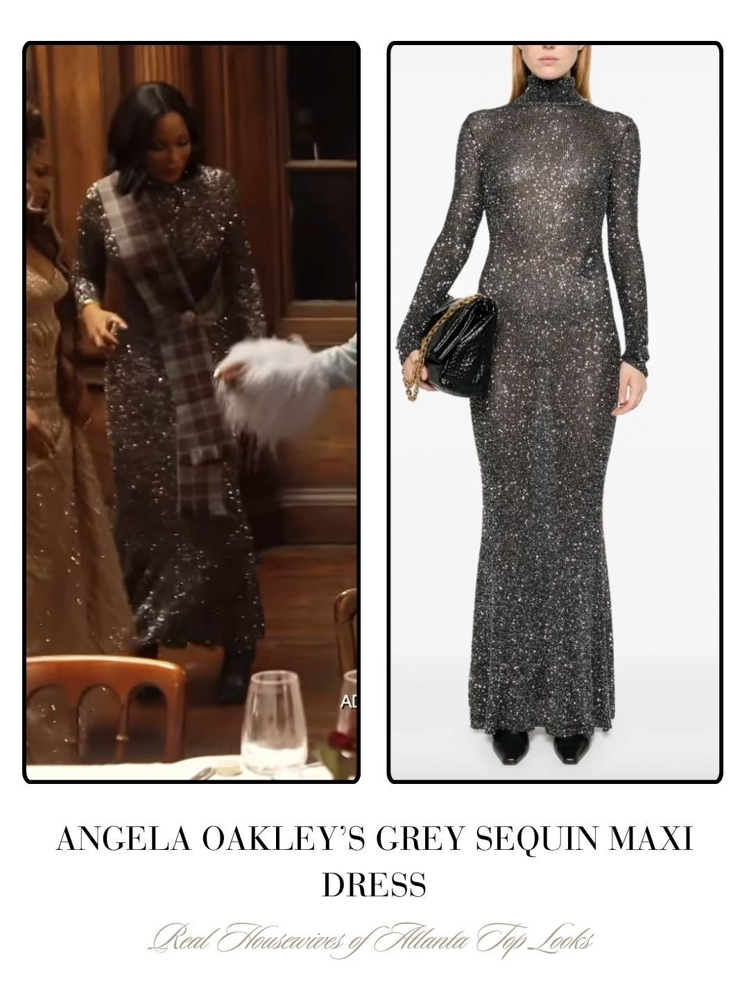 Angela Oakley’s Grey Sequin Maxi Dress