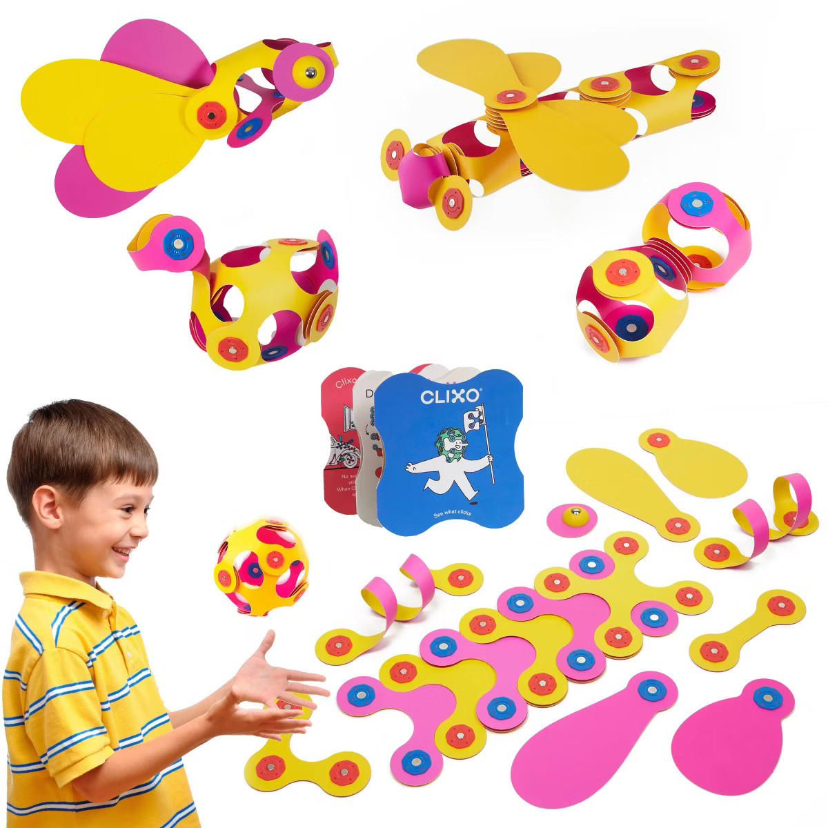 Clixo Grab & Go - Pink/Yellow: Creative Educational Magnetic Set with 18 Building Components | Target