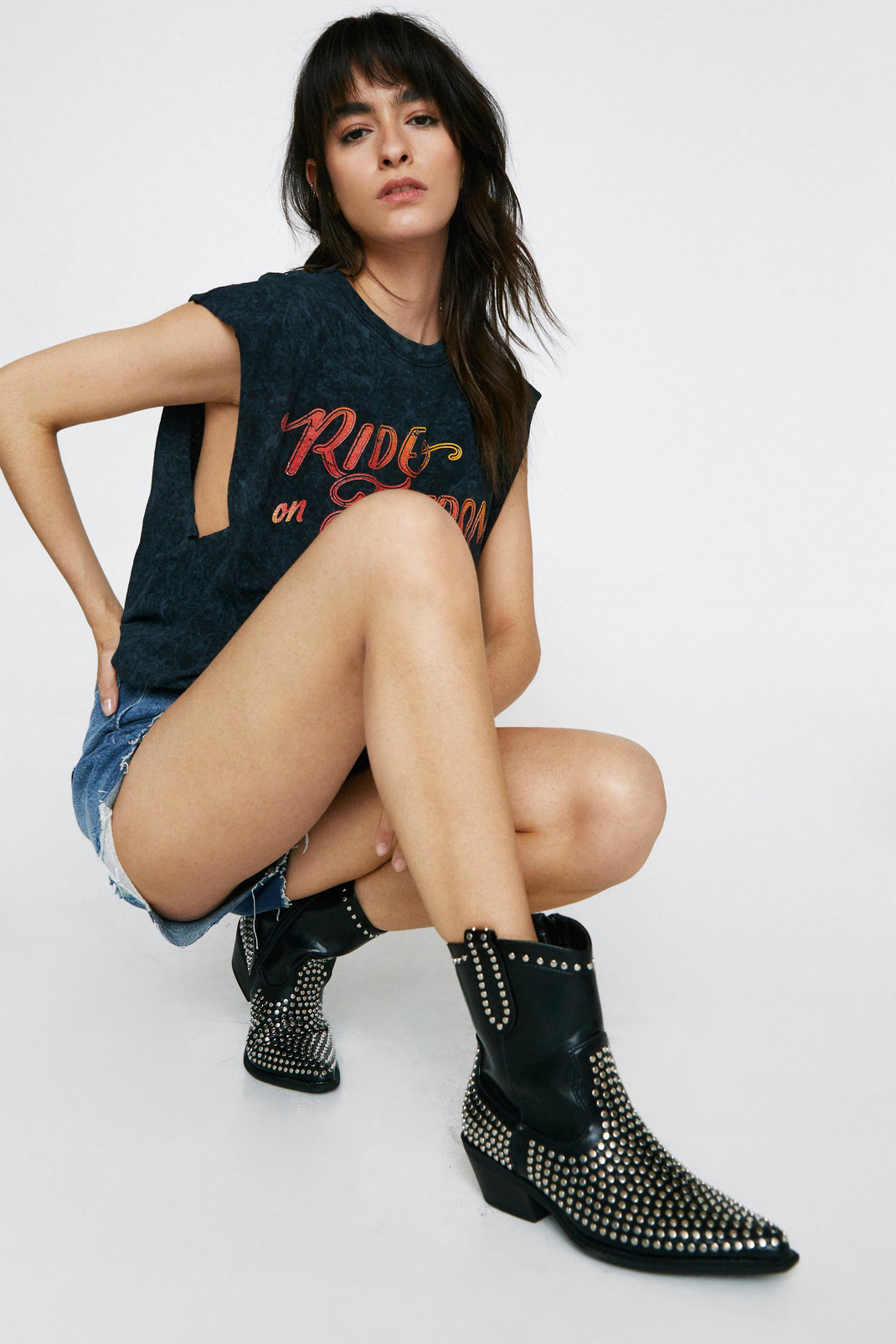 Faux Leather Studded Ankle Cowboy Boots | Nasty Gal (US)