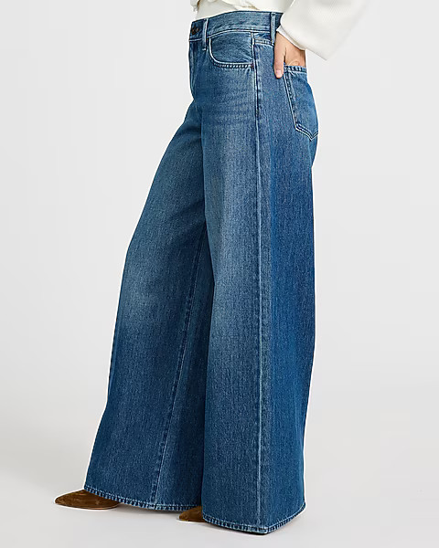 High Waisted Dark Wash Relaxed Wide Leg Jeans | Express