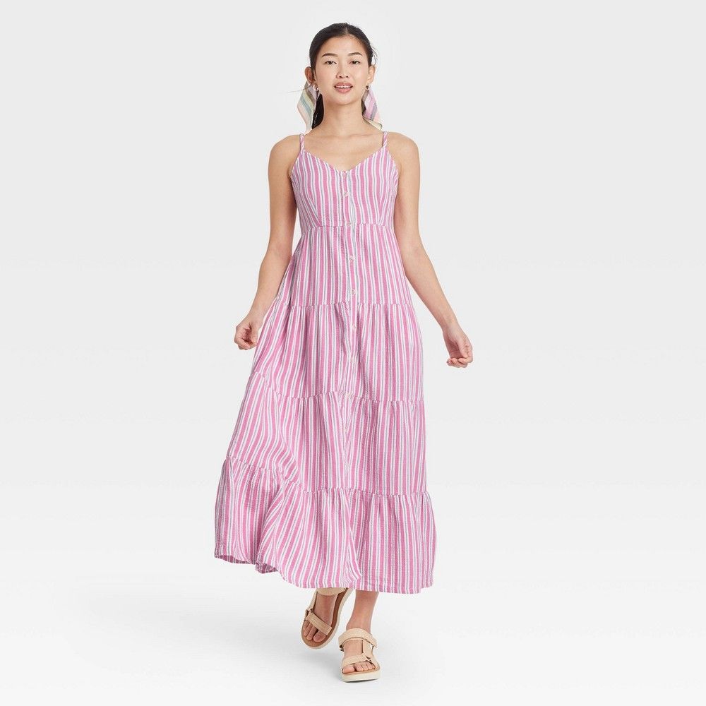 Women's Striped Sleeveless Button-Front Tiered Dress - Universal Thread Pink XS | Target
