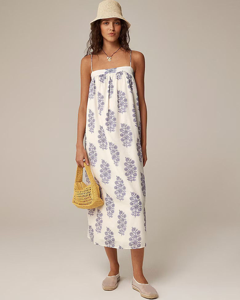 Floaty midi dress in block-print cotton voile | J. Crew US