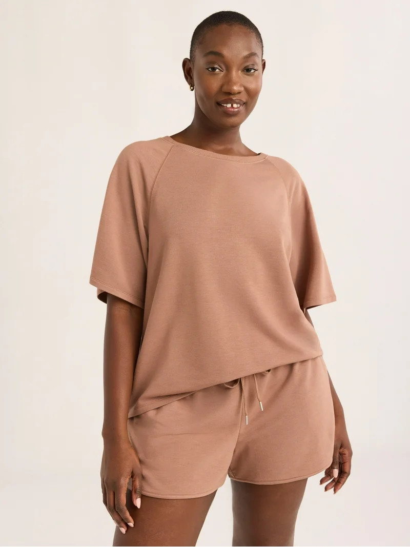 Joyspun Women's French Terry Short Sleeve Top and Shorts Set, 2-Piece, Sizes XS-3X | Walmart (US)