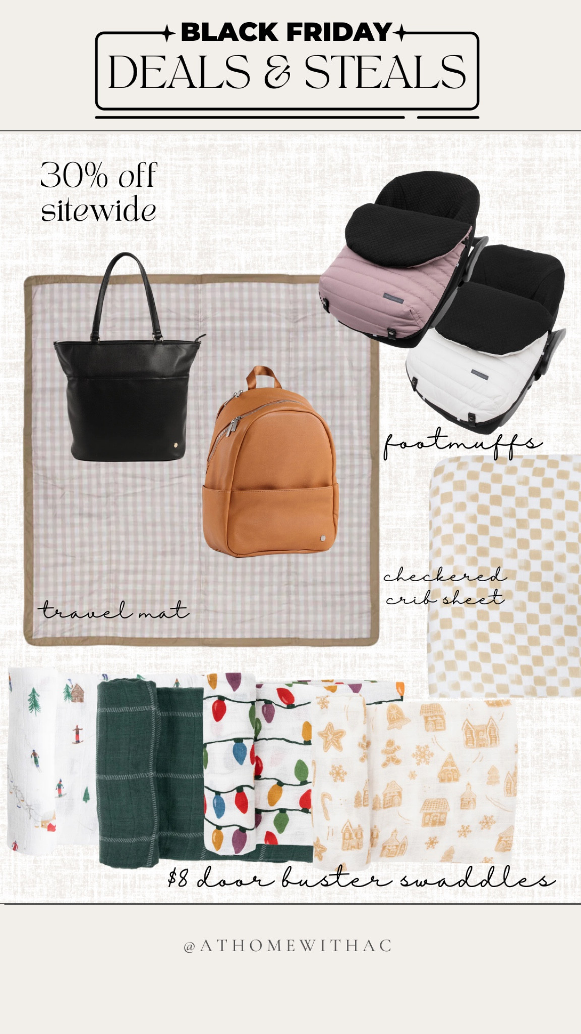 Baby toddler travel mat, diaper bag, diaper backpack, swaddle blankets, door busters, footmuffs, checkered print crib sheets

#LTKCyberWeek #LTKSeasonal #LTKGiftGuide