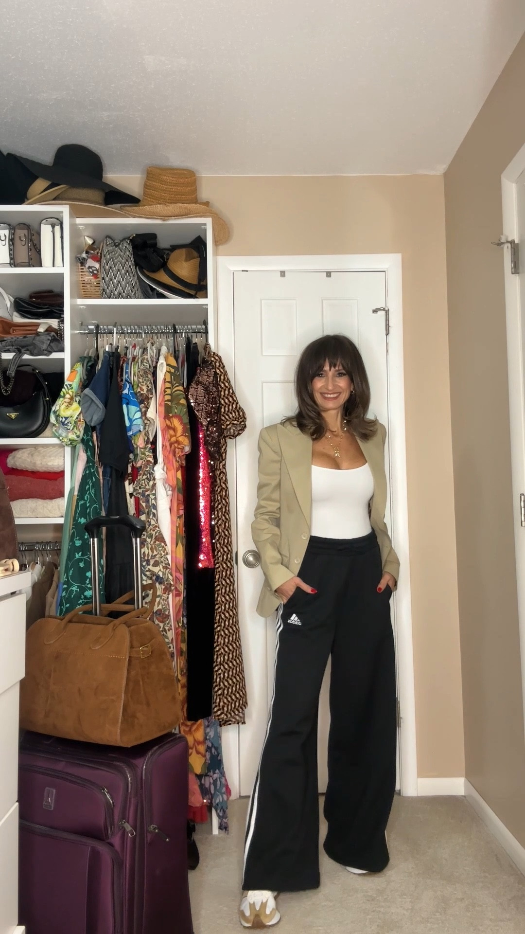 These Adidas wide leg pants are super comfortable for travel! They fit true to size and are SUPER long for the tall girls! I had to hem mine. I’m 5’5” for reference.

Bodysuit also fits true to size and I wear those silicone nippies with it.

My sneakers and blazer are no longer available , so I linked similar options .

#LTKStyleTip #LTKFindsUnder100 #LTKOver40