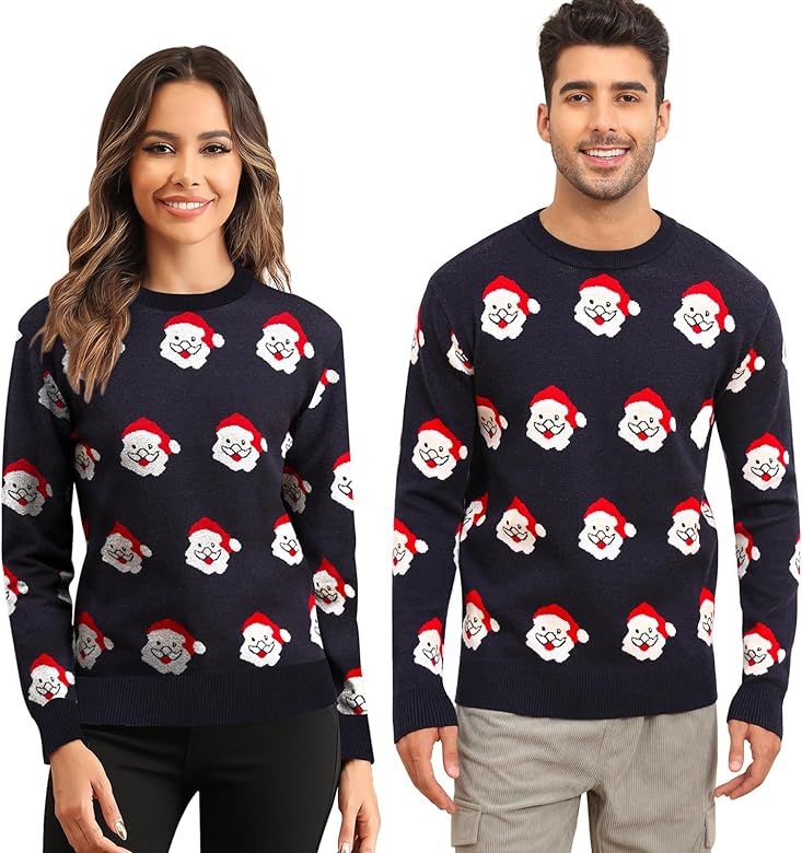 LecGee Christmas Sweater Couple Roundneck Reindeer Snowflakes Ugly Long Sleeve Knitted Sweater Pu... | Amazon (US)
