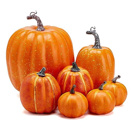 7Pcs Artificial Pumpkins of all Styles Halloween Decoration Rural Style Farmhouse Foam Pumpkin Harvest Season Thanksgiving Day is Suitable for Table top House Dining Table Party Decoration (Orange) | Amazon (US)