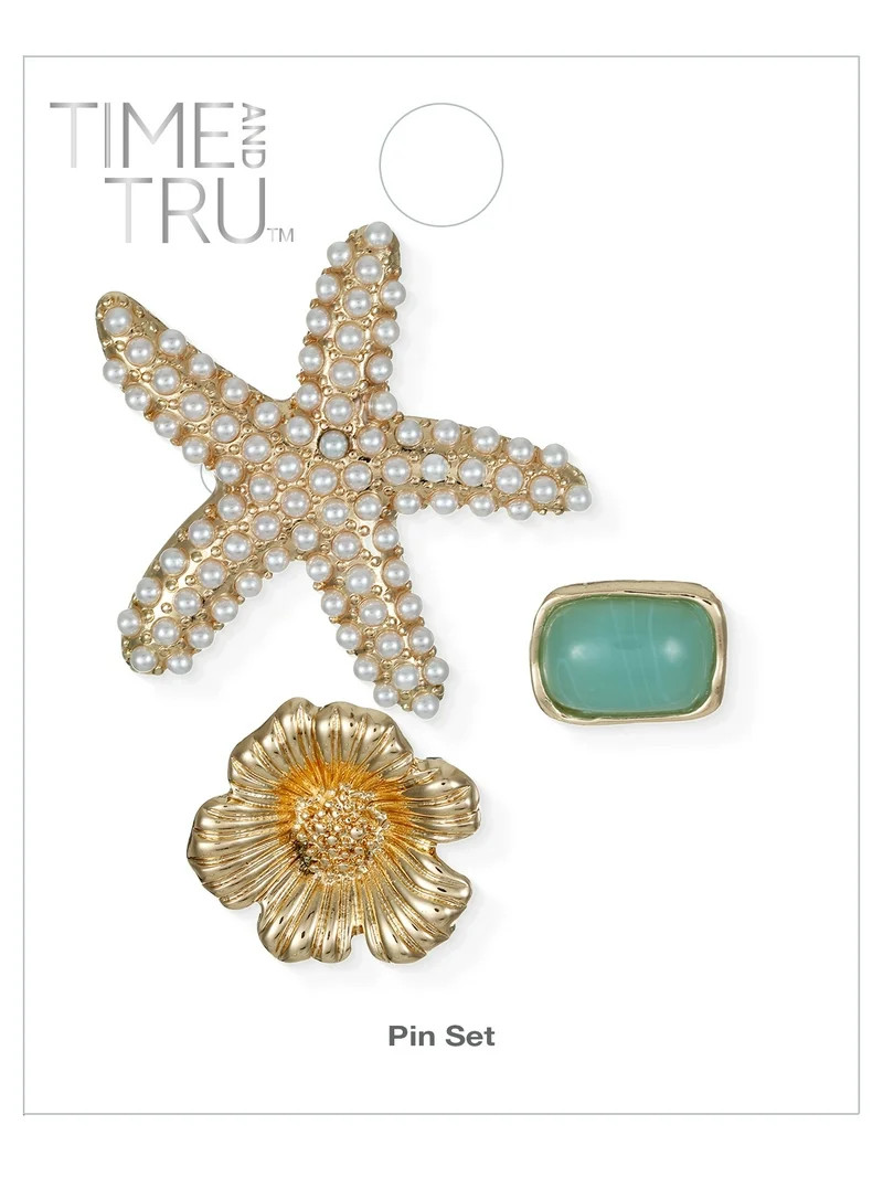 Time and Tru Starfish, Flower & Green Stone Brooch/Charm Set | Walmart (US)