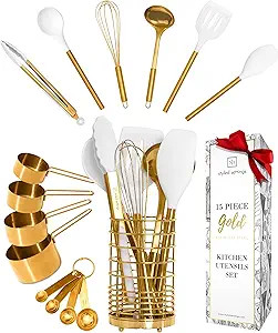 Styled Settings White and Gold Cooking Utensils Set with Holder - 15-Piece Silicone Cooking Tools... | Amazon (US)