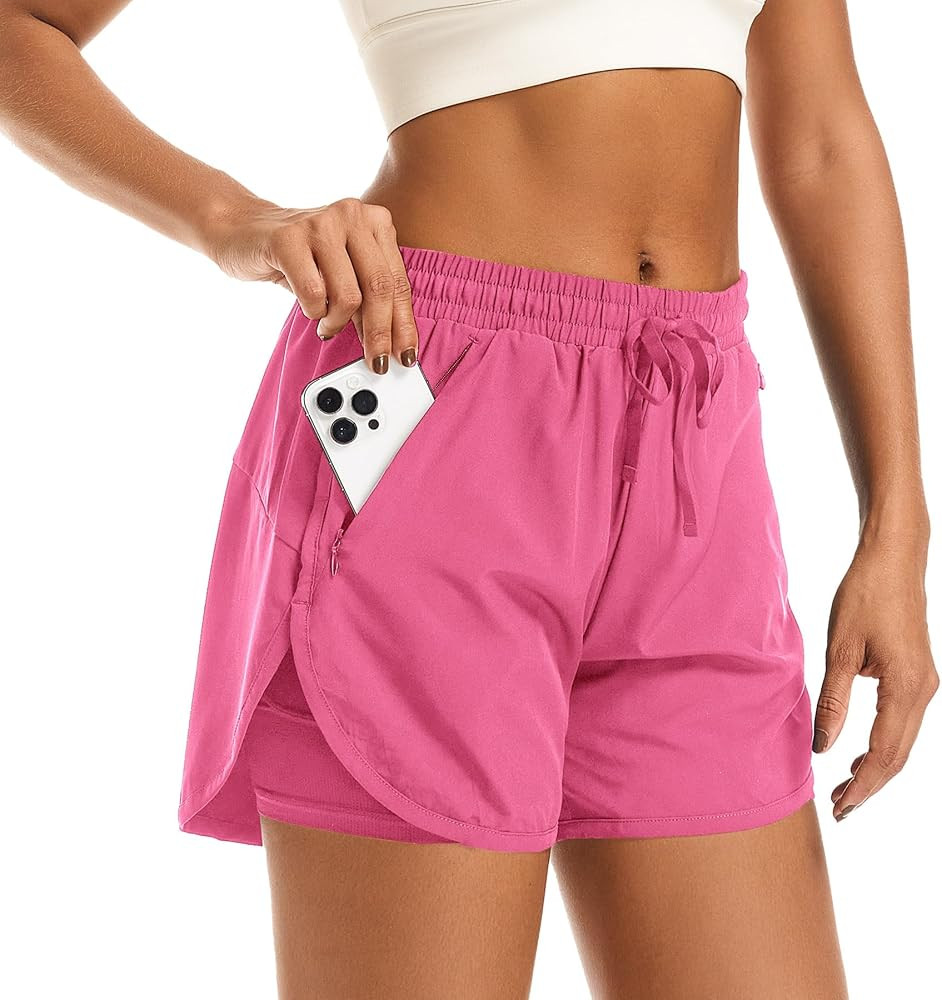 Women's 2 in 1 Athletic Running Shorts Quick Dry Workout Casual Gym Sweat Shorts Mesh Comfy Liner... | Amazon (US)