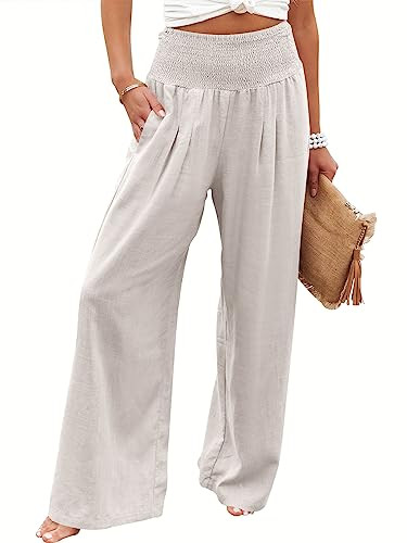 ANRABESS Women Linen Palazzo Pants Summer Boho Wide Leg High Waist Casual Lounge Pant 2024 Beach ... | Amazon (US)