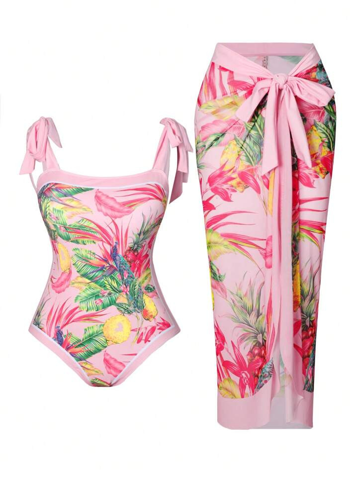 SHEIN Swim Oasis Summer Beach Plus Size Tropical Printed One-Piece Swimsuit With 2pcs Cover Up Se... | SHEIN