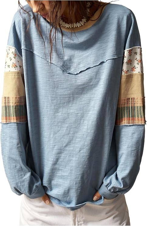 SOLY HUX Women's Boho Floral T Shirt Crew Neck Long Sleeve Patched Tee Casual Loose Fit Tops | Amazon (US)