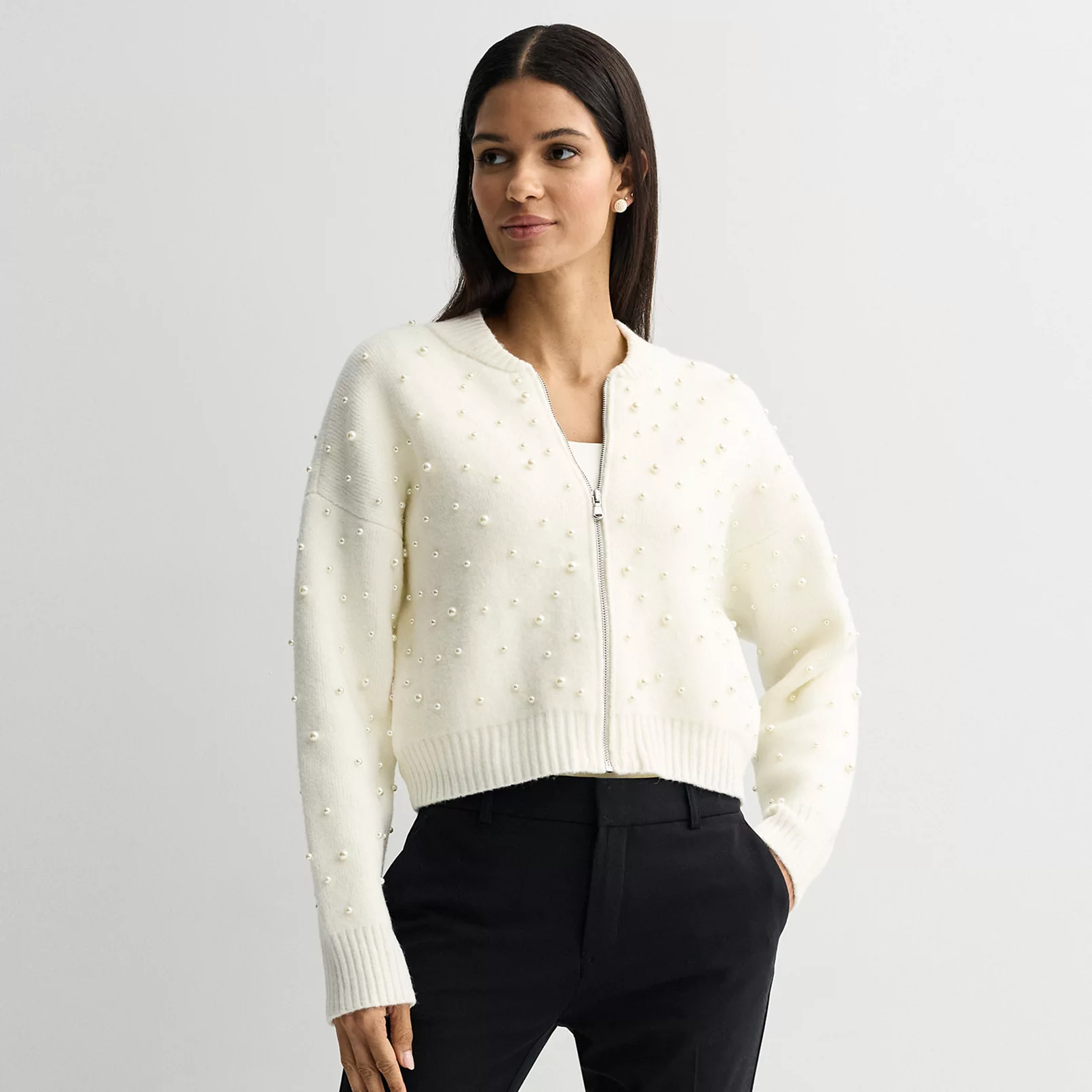 Women's Nine West Zip-Front Pearl Knit Bomber Sweater | Kohl's