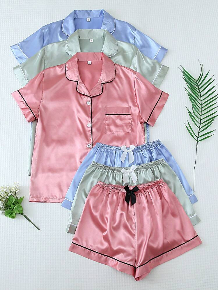 3pcs Solid Color Satin Pajama Set With Casual Short Sleeve Button-Down Shirt And Bowknot Shorts, Women Home Wear For Daily Use | SHEIN