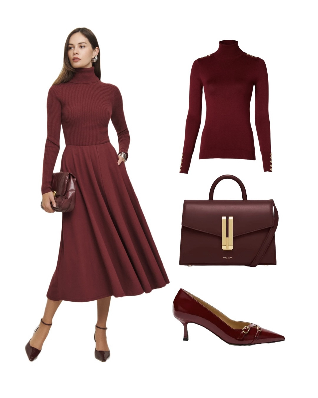 This Burgundy outfit inspired by HRH Catherine ‘Kate’ Princess of Wales most recent look would be perfect for Valentine’s Day! 

Partner this fabulous Reformation burgundy skirt with a burgundy roll neck by Holland and Cooper if you want the gold button detailing for a touch of glamour, or a simple cashmere roll neck by House of Bruar. Complete this elegant look with Demellier London’s smooth burgundy leather Nano Montreal bag and the stunning burgundy Buckle Heel patent leather kitten heels from Russell and Bromley. 

I hope you like this winter outfit in the season’s hottest colour. I’ve also added jewellery and plenty of other ideas on the product list so take a look!

#LTKluxury #LTKeurope #LTKuk
