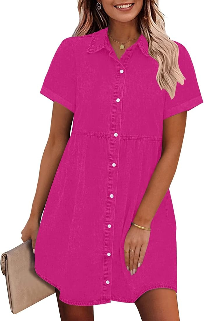 GRAPENT Denim Dress for Women Babydoll Tiered Short Sleeve Button Down Jean Shirt Dresses | Amazon (US)