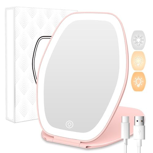 Travel Makeup Mirror with Light: 3 Color Lighting Portable Mirror with Touch Screen Rechargeable Adjustable LED Lights Hexagon Vanity Mirror for Travel, Desk, Home (Pink) | Amazon (US)