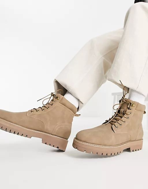 ASOS DESIGN chunky lace up boots with padded collar in stone faux leather | ASOS (Global)