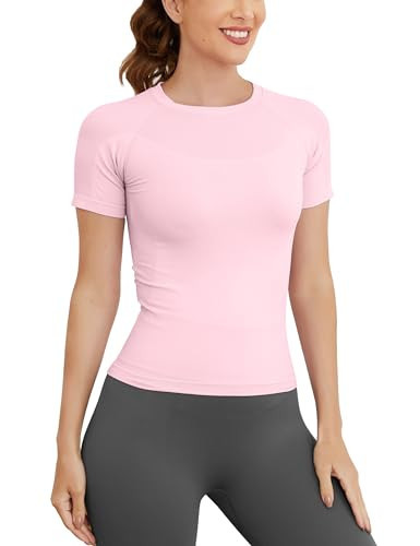 MathCat Short Sleeve Workout Tops for Women, Seamless Workout Shirts for Women, Yoga Athletic Shirts Soft Gym Tops Pale Pink | Amazon (US)