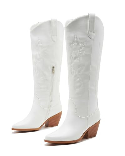 Aizhenzm White Cowgirl Boots Wide Calf Cowboy Boots Women Western Style Embroidered with Pointed Toe Chunky Heel Fashion Retro High Boot and Side Zipper Pull-On 9.5 | Amazon (US)