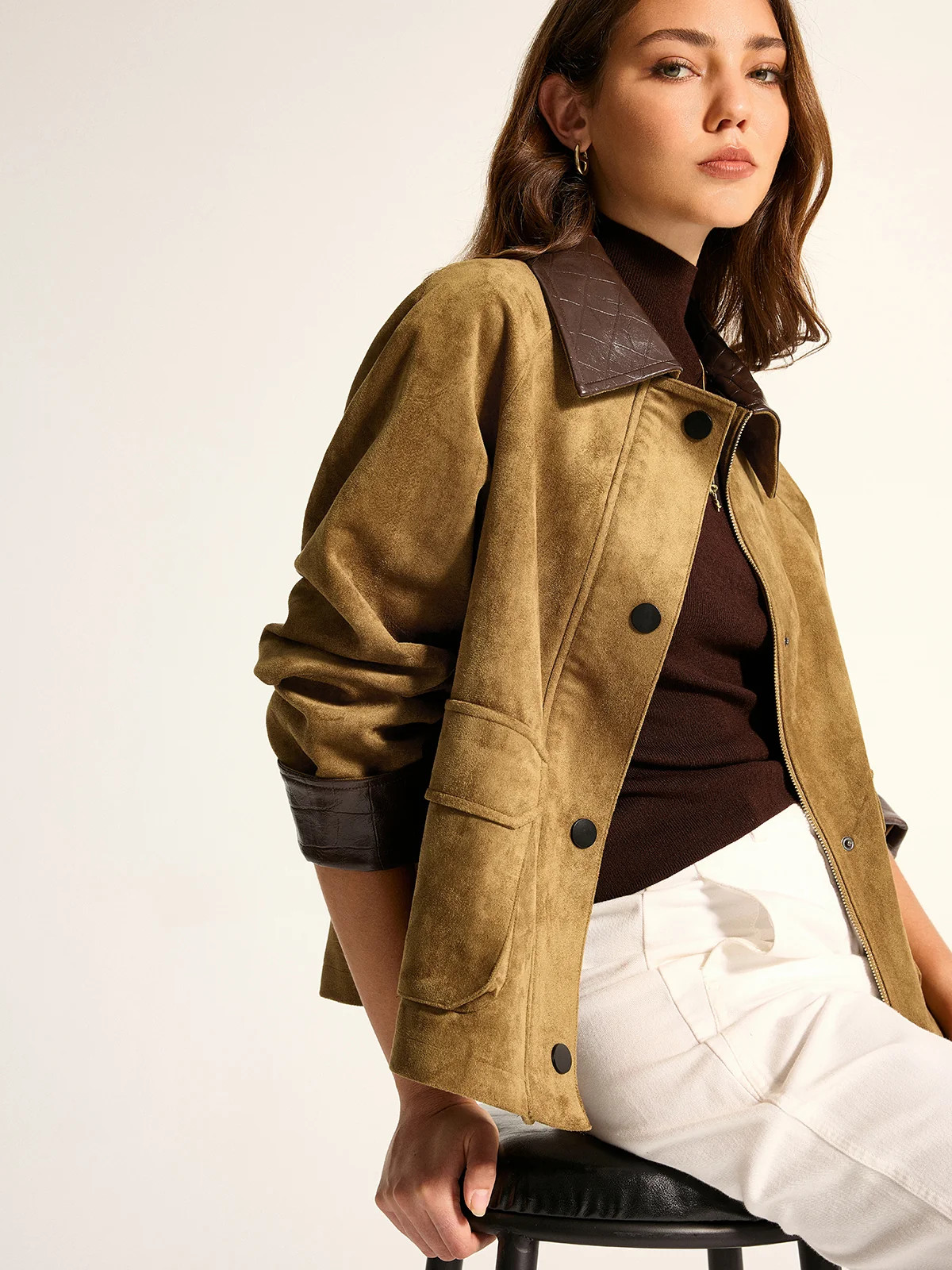 Faux Leather Collar Suede Effect Utility Jacket | Commense