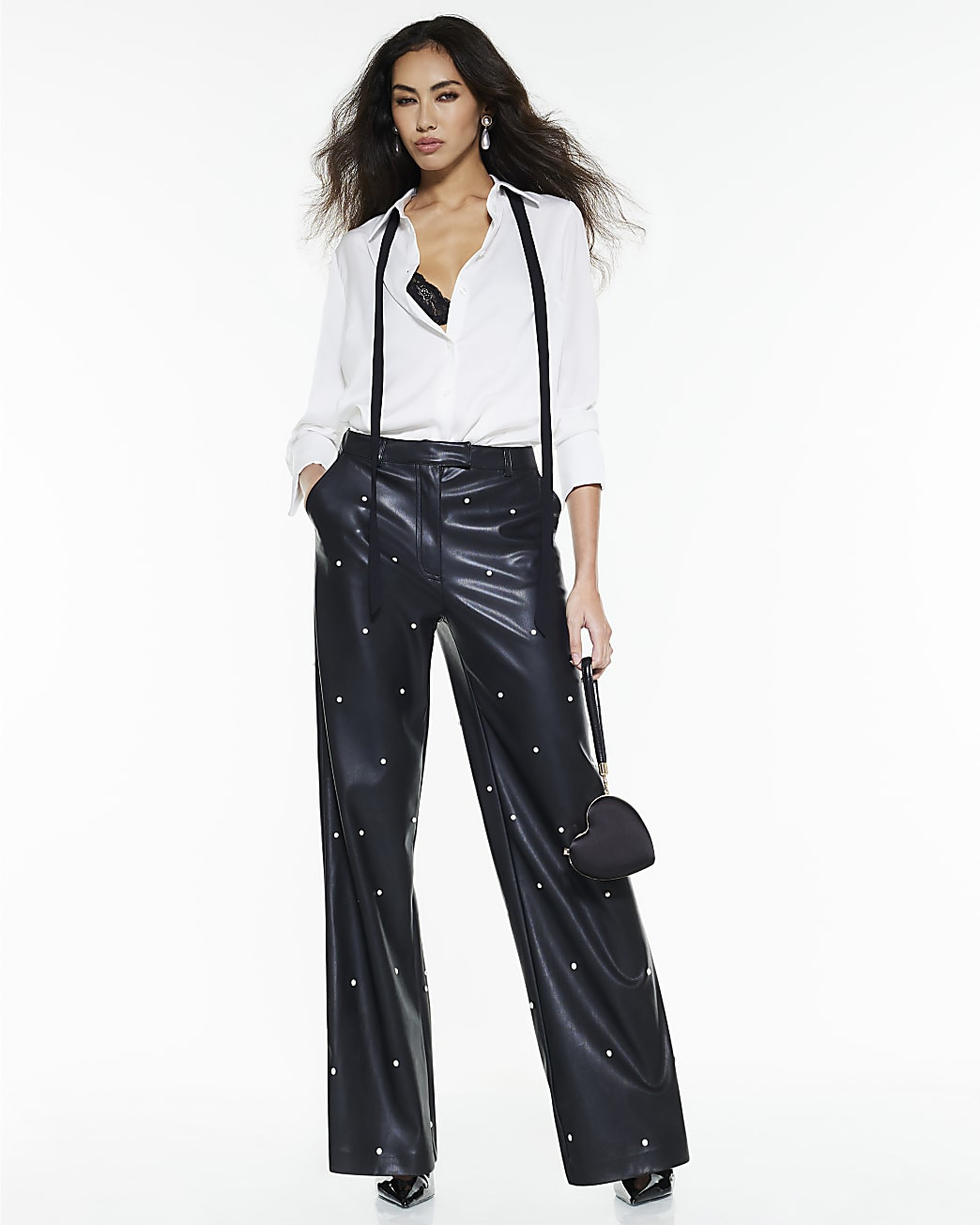 Black Faux Leather Pearl Embellished Trousers | River Island UK & IE
