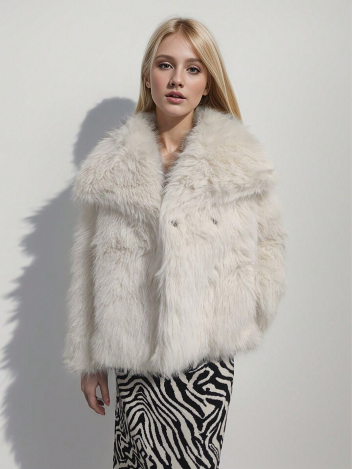 Effen kleur Pluche Groot Revers Jas | SHEIN