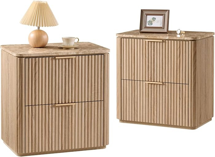 Fluted Nightstand Set of 2, 23" W Night Stand with 2 Drawers, Wood Bed Side Table with Faux Marbl... | Amazon (US)