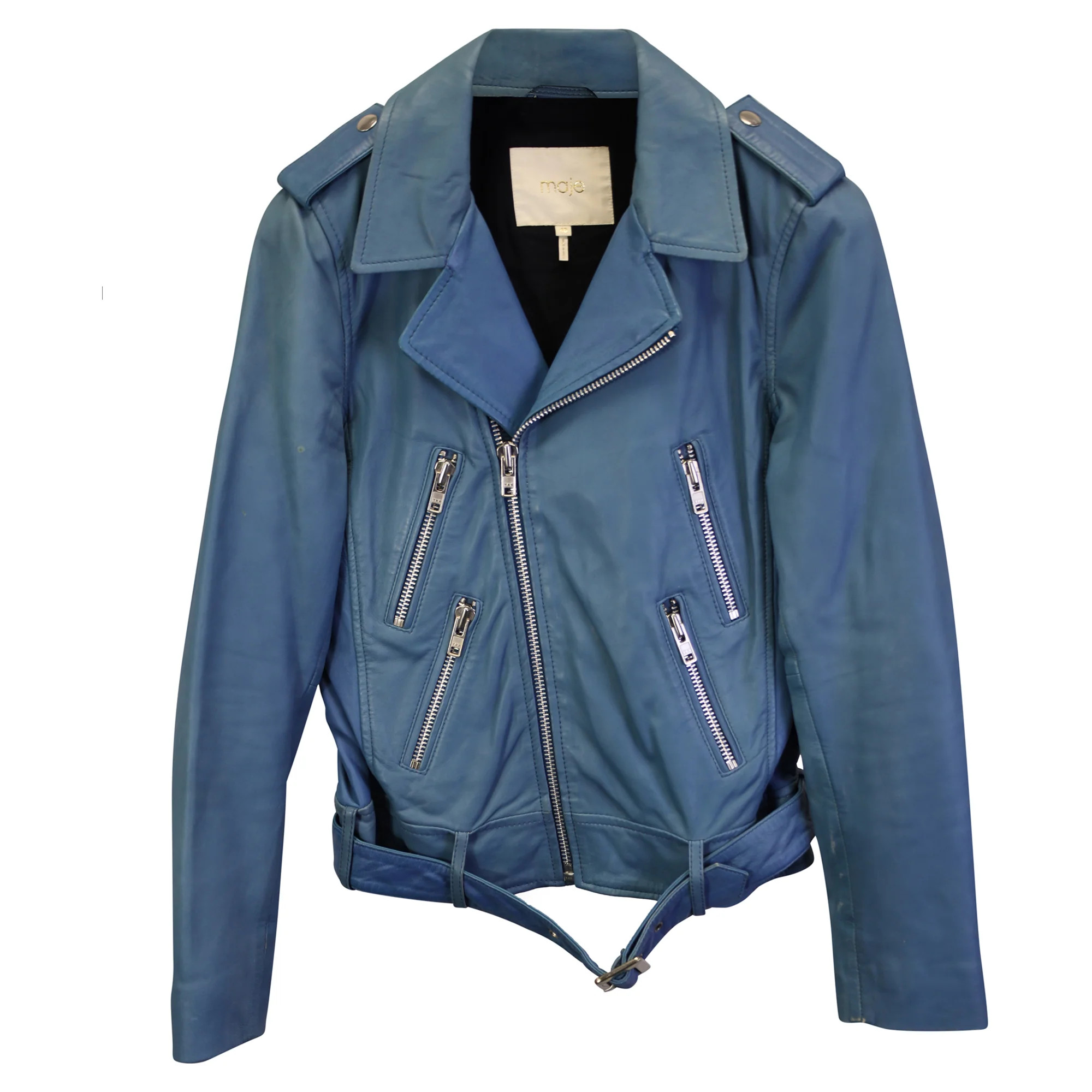 Maje Biker Jacket in Blue Leather | Shop Simon