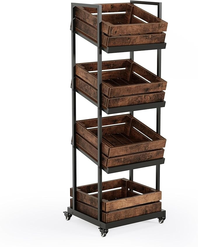 LITTLE TREE 4-Tier Basket Stand with Locked Wheels, Mobile Fruit and Vegetable Storage, Floor Sta... | Amazon (US)