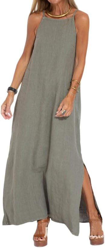 Akivide Womens Cotton Linen Sleeveless Maxi Dress Spaghetti Strap Slit Summer Loose Beach Long Sh... | Amazon (US)