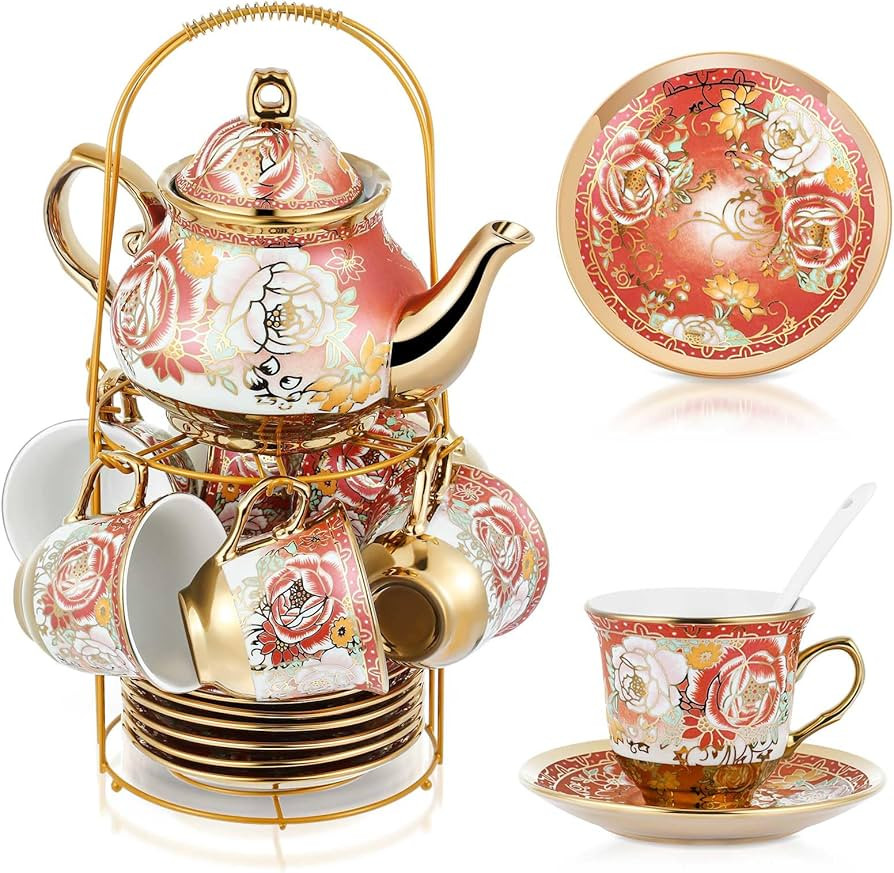 Zhehao 20 Pcs Porcelain Tea Set with Metal Holder Adult Ceramic Tea Party Set European Flower Tea Cup Saucer Set for Adult Women Girls with Flower Painting, Large Version (Noble Style) | Amazon (US)