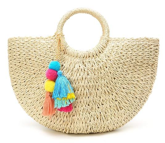 Womens Large Straw Bags Beach Tote Bag Hobo Summer Handwoven Bags Purse With Pom Poms | Amazon (US)