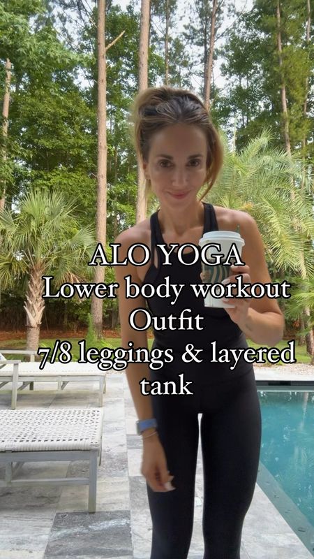 Strength training workout outfit from alo yoga. I’m wearing s in tank and leggings 