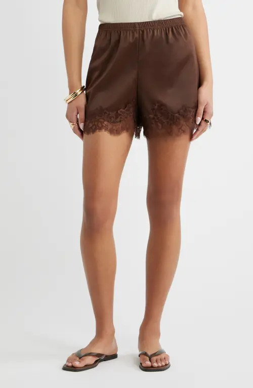 Open Edit Lace Trim Satin Shorts in Brown Terra at Nordstrom, Size Xx-Small | Nordstrom