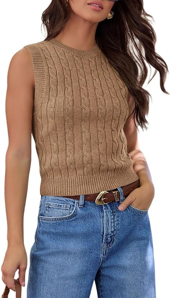 Ezbelle Women's Summer Crop Shirts Sleeveless Tops Cable Knit Tank Work Sweaters Vest Trendy Outf... | Amazon (US)