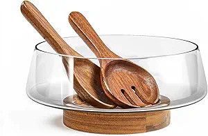 KITEISCAT Extra Large Glass Salad Bowl Set - Salad Bowls for Party with Acacia Wood Base and Sala... | Amazon (US)