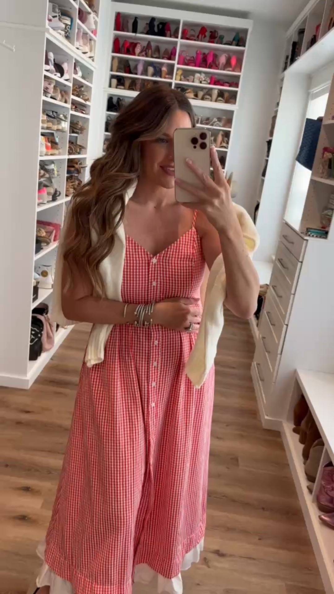 In a medium plaid button up maxi, large American flag sweater, tie up espadrille wedges and accessories for patriotic look- fits tts.

#LTKStyleTip #LTKFindsUnder50 #LTKSeasonal