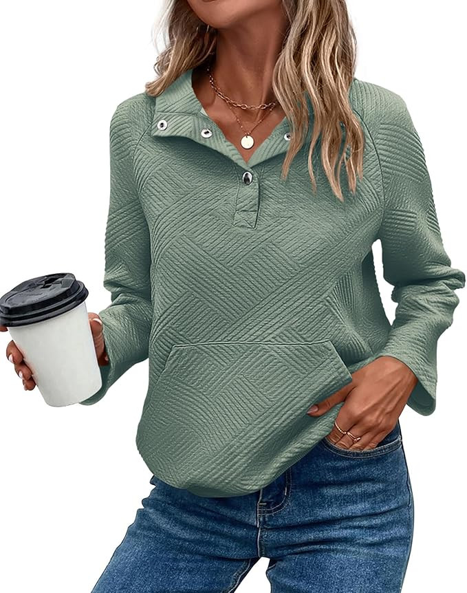 KIRUNDO Womens Sweatshirt Casual Textured Long Sleeve Henley Button V Neck Loose Pullover 2025 Tr... | Amazon (US)