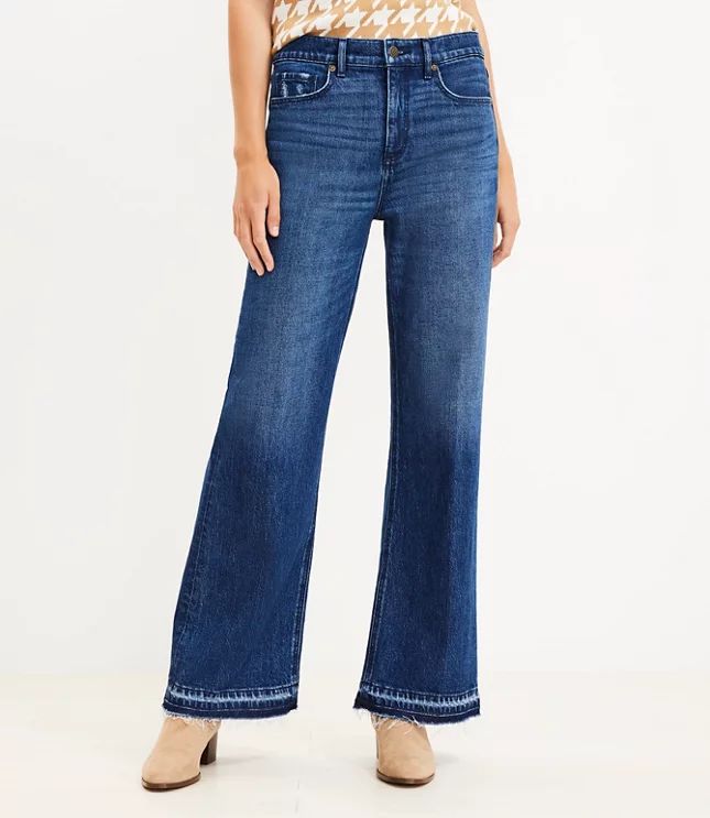 Frayed High Rise Wide Leg Jeans in Dark Indigo Wash | LOFT