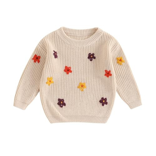 Pivanzore Baby Girl Boy Toddler Knit Sweater Cute Flower Round Neck Long Sleeve Pullover Oversized Sweatshirt Winter Warm Top (Floral Beige, 0-3 Months) | Amazon (US)