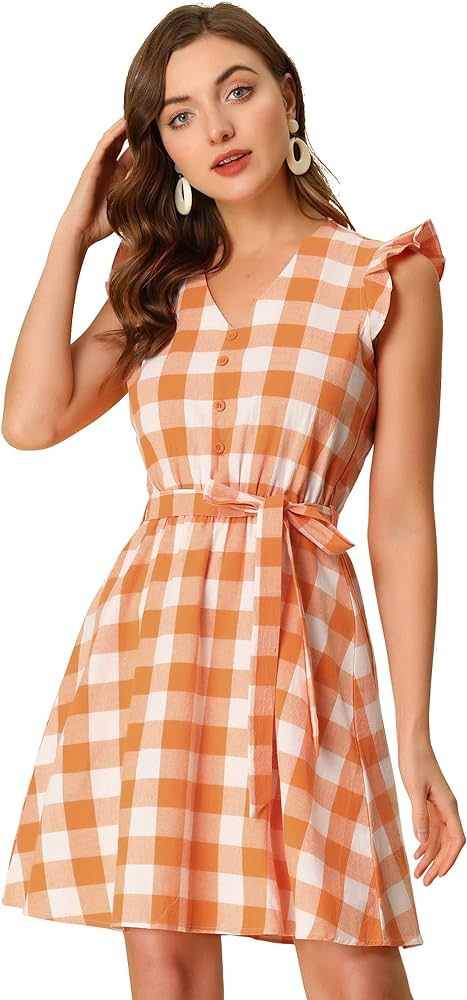 Allegra K Women's Casual Check Ruffled Sleeve Sundress A-Line Vintage Plaids Gingham Dress | Amazon (US)