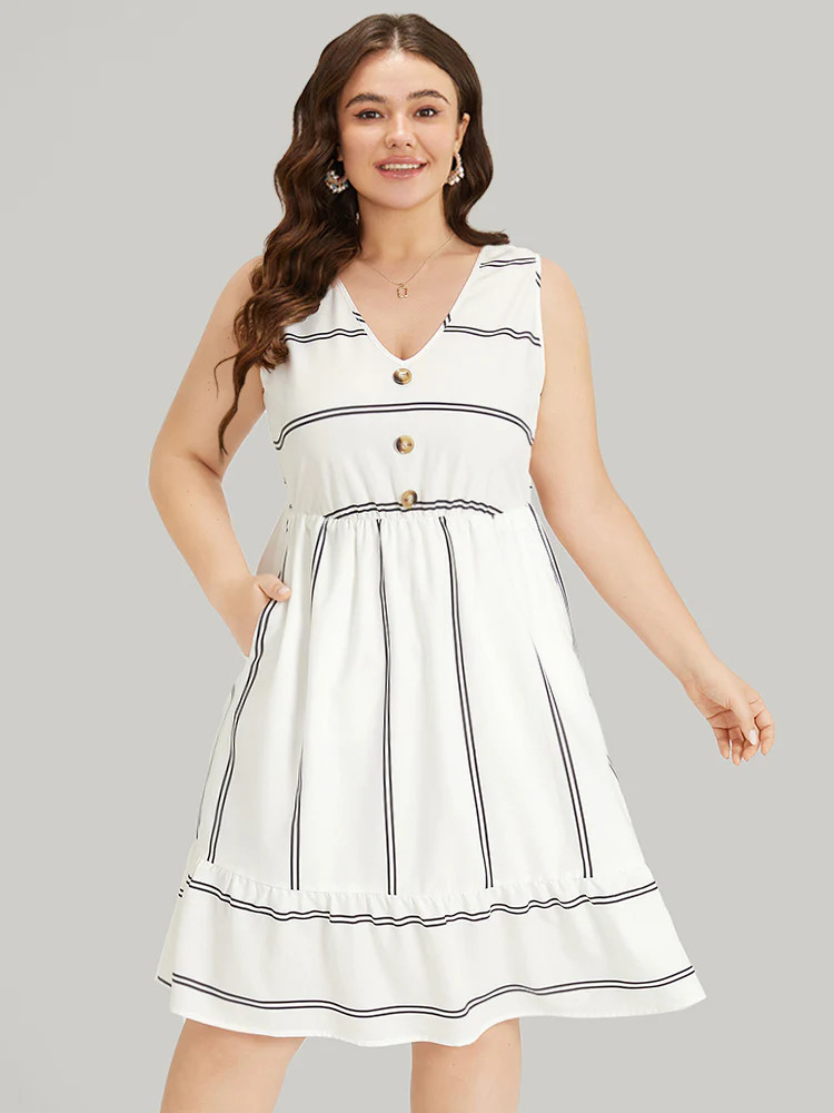 Striped Pocket Button Detail Ruffle Elastic Waist Dress | Bloomchic