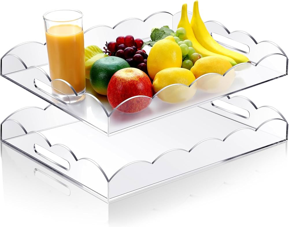 2 Pack Clear Serving Trays 12x16'' Acrylic Trays with Handles Scalloped Acrylic Clear Trays Acryl... | Amazon (US)