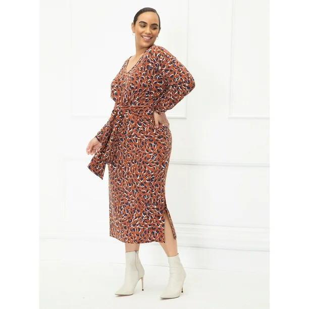 ELOQUII Elements Women's Plus Size Animal Print Midi Dress with Tie Waist | Walmart (US)