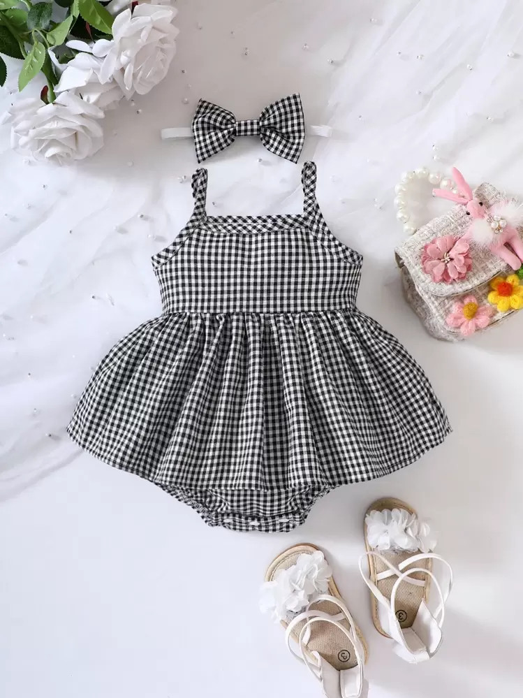 SHEIN Baby Girl Gingham Print Cami Combo Bodysuit Dress & Headband, For Christmas | SHEIN